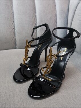 Saint Laurent Black Patent YSL Logo Stiletto Sandals